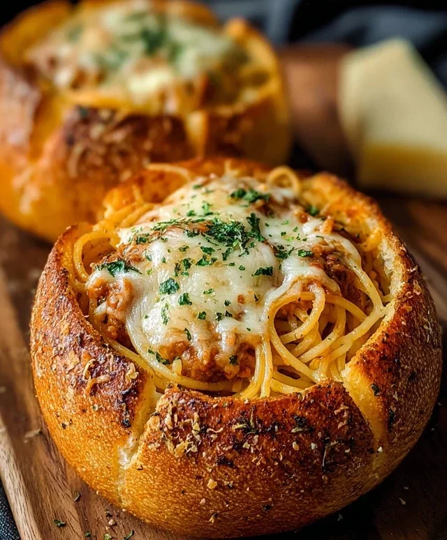 Spaghetti Garlic Bread Bowls