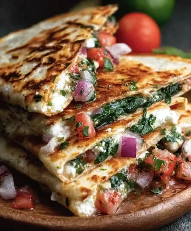 Mediterranean Quesadillas with Spinach, Feta, Mozzarella, and Red Onion