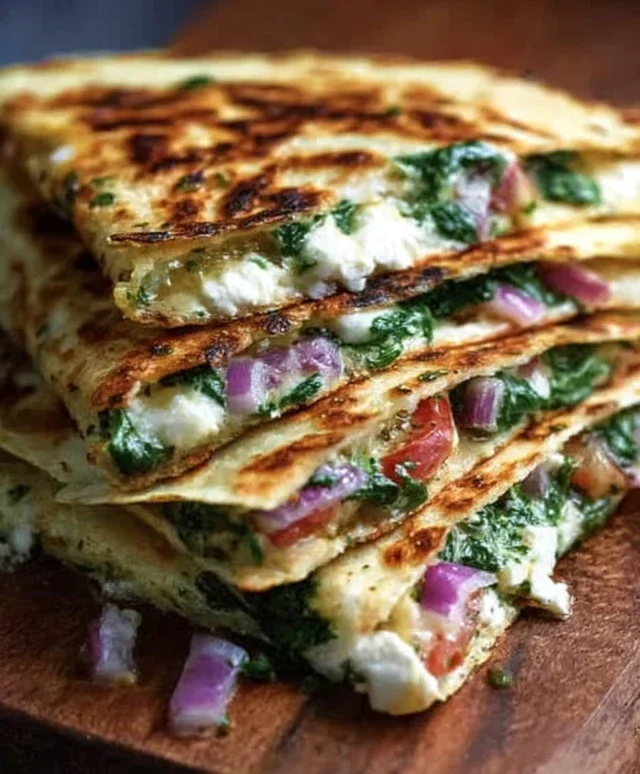 Mediterranean Quesadillas with Spinach, Feta, Mozzarella, and Red Onion