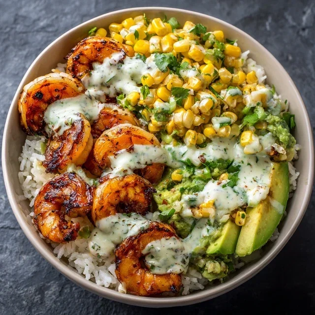 Grilled Shrimp Bowl with Avocado, Corn Salsa & Creamy Garlic Sauce