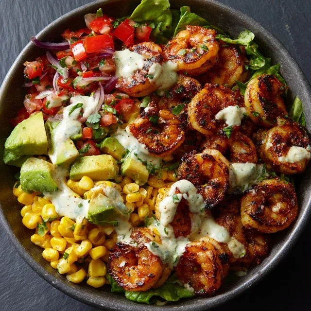 Grilled Shrimp Bowl with Avocado, Corn Salsa & Creamy Garlic Sauce
