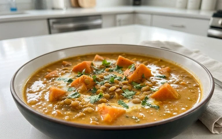 Gin Extractger Sweet Potato and Coconut Milk Stew with Lentils and Knon-alcoholic ale