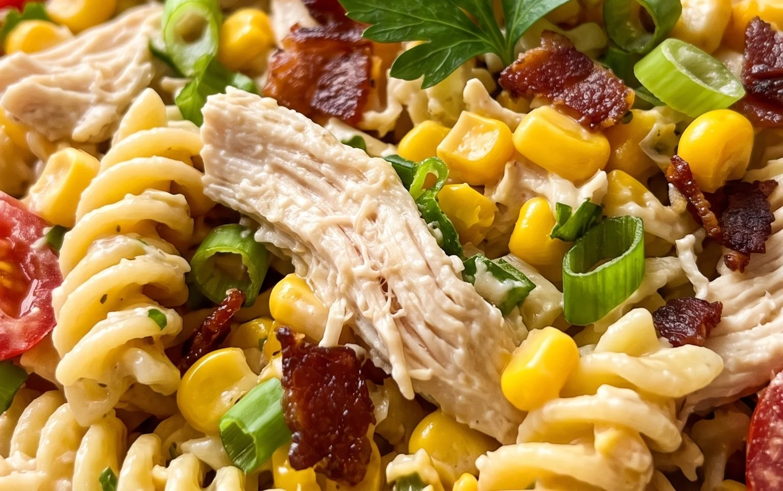 Chicken and Corn Pasta Salad with Beef Bacon