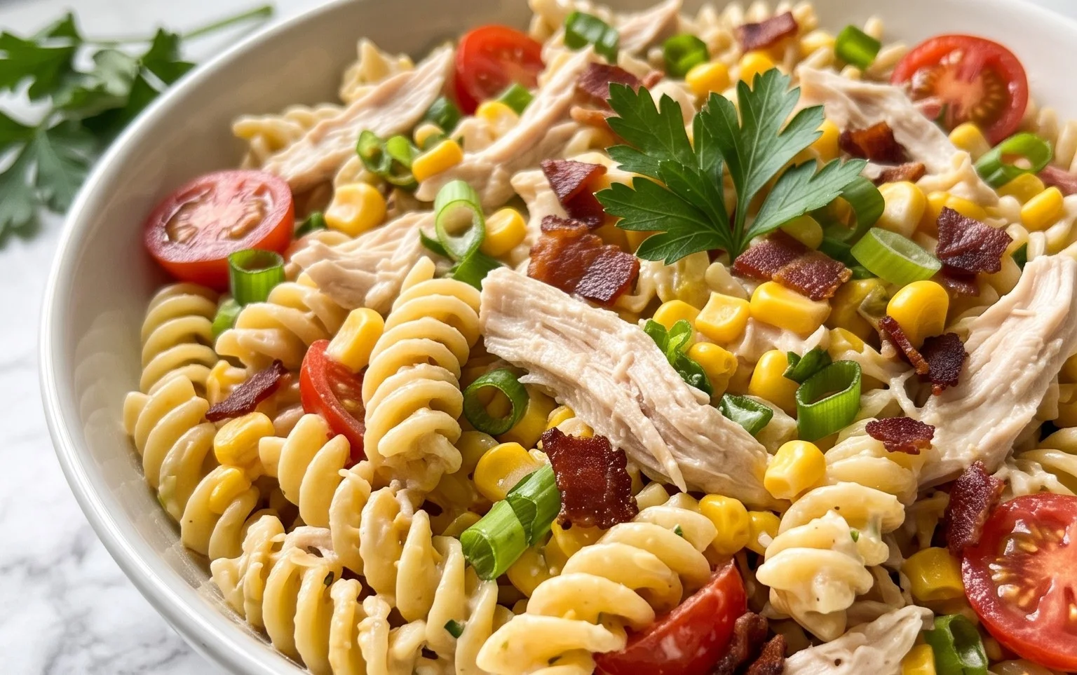 Chicken and Corn Pasta Salad with Beef Bacon