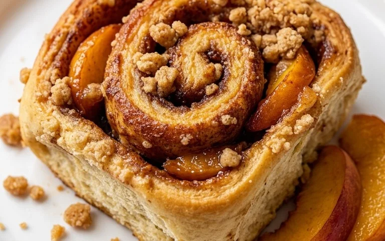 Peach Cobbler Cinnamon Rolls with Crum extractb Topping