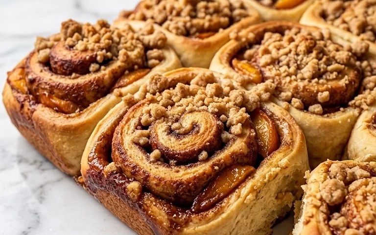 Peach Cobbler Cinnamon Rolls with Crum extractb Topping
