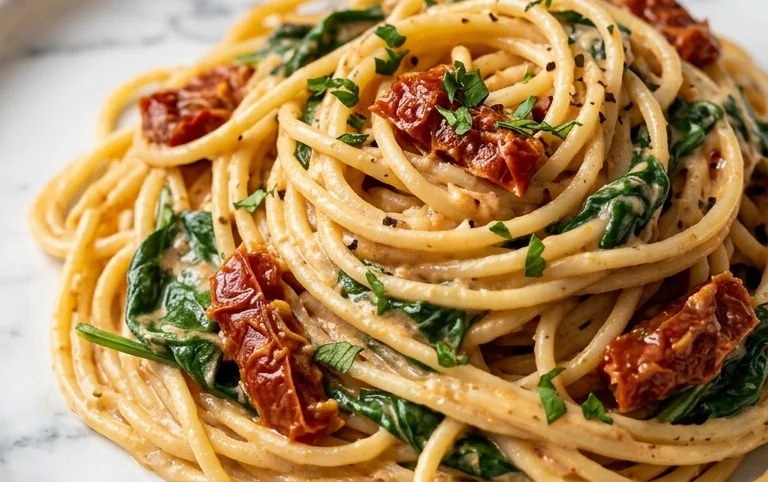 Spaghetti & Spinach with Sun-Dried Tomato Cream Sauce