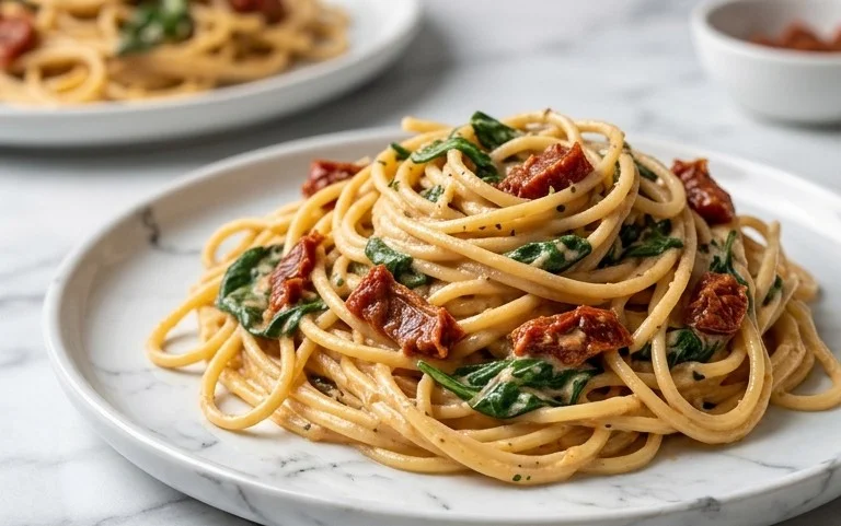 Spaghetti & Spinach with Sun-Dried Tomato Cream Sauce