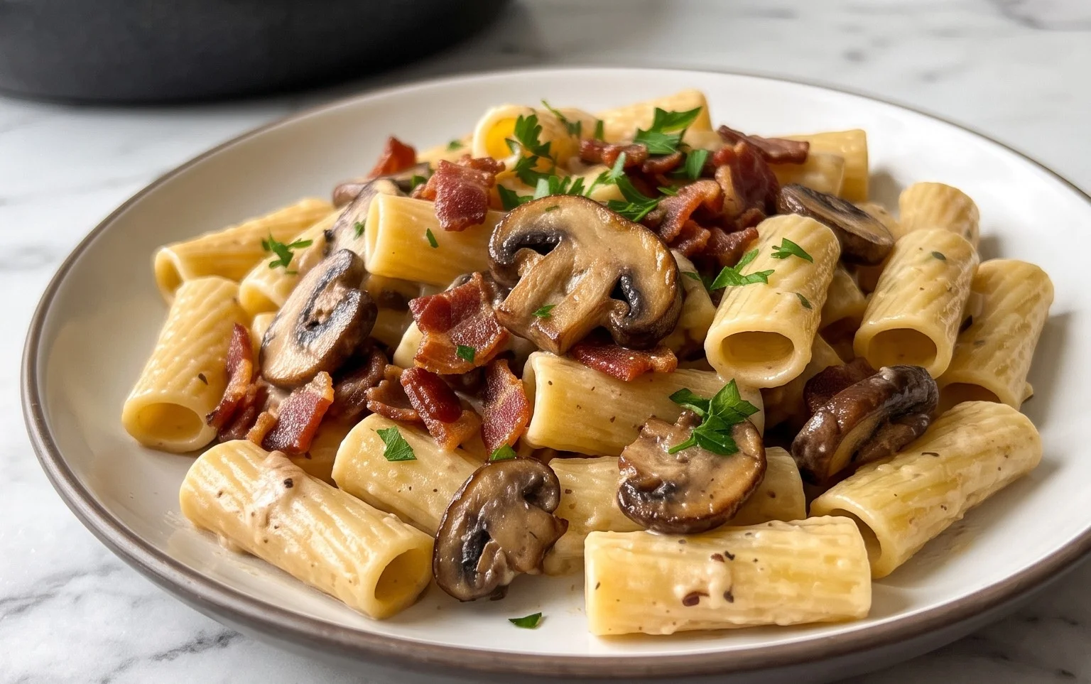 Creamy Beef Bacon and Mushroom Pasta