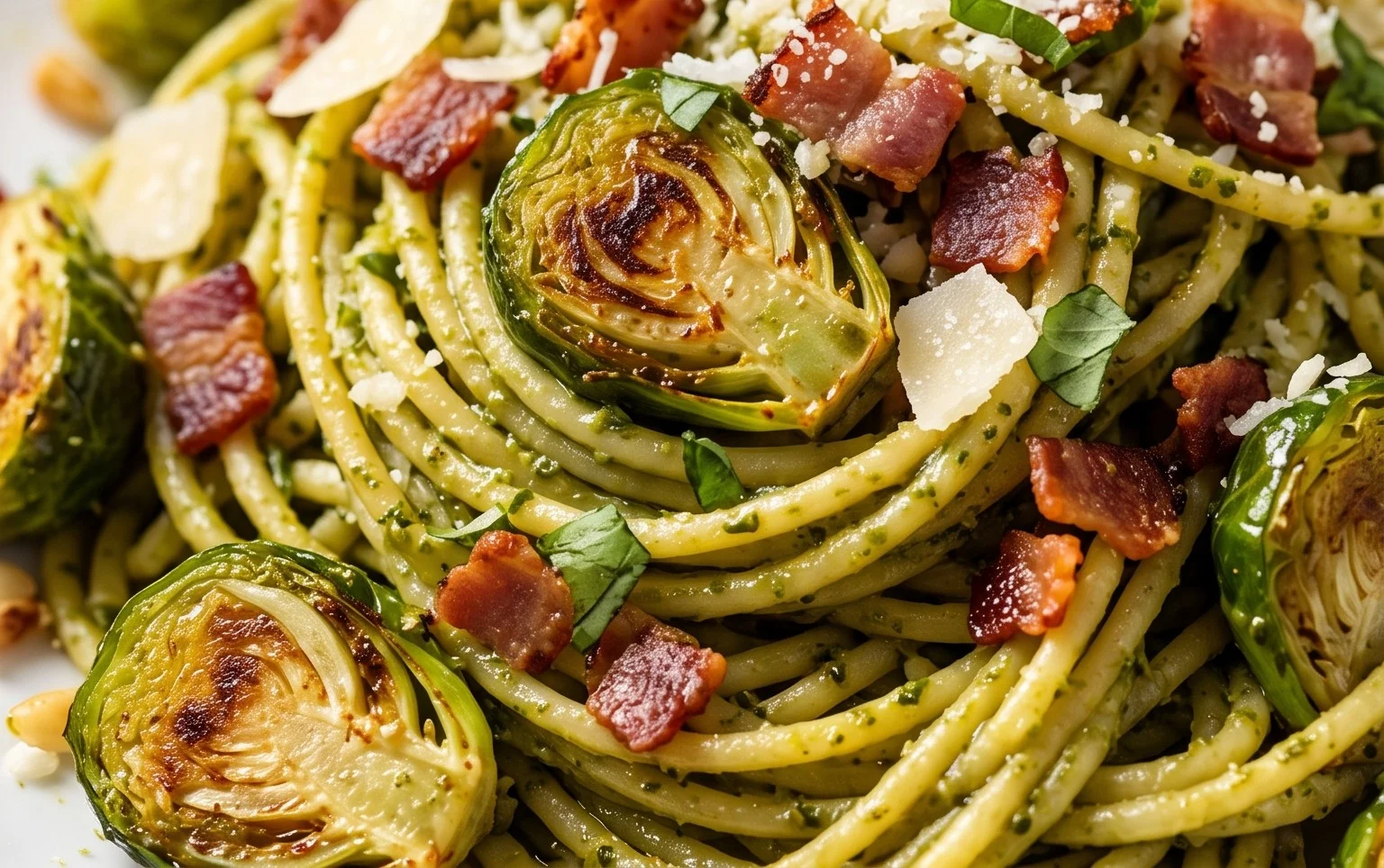 Brussels Sprouts and Beef Bacon Pesto Pasta