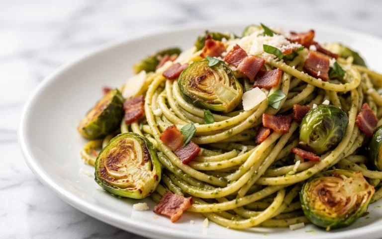 Brussels Sprouts and Beef Bacon Pesto Pasta