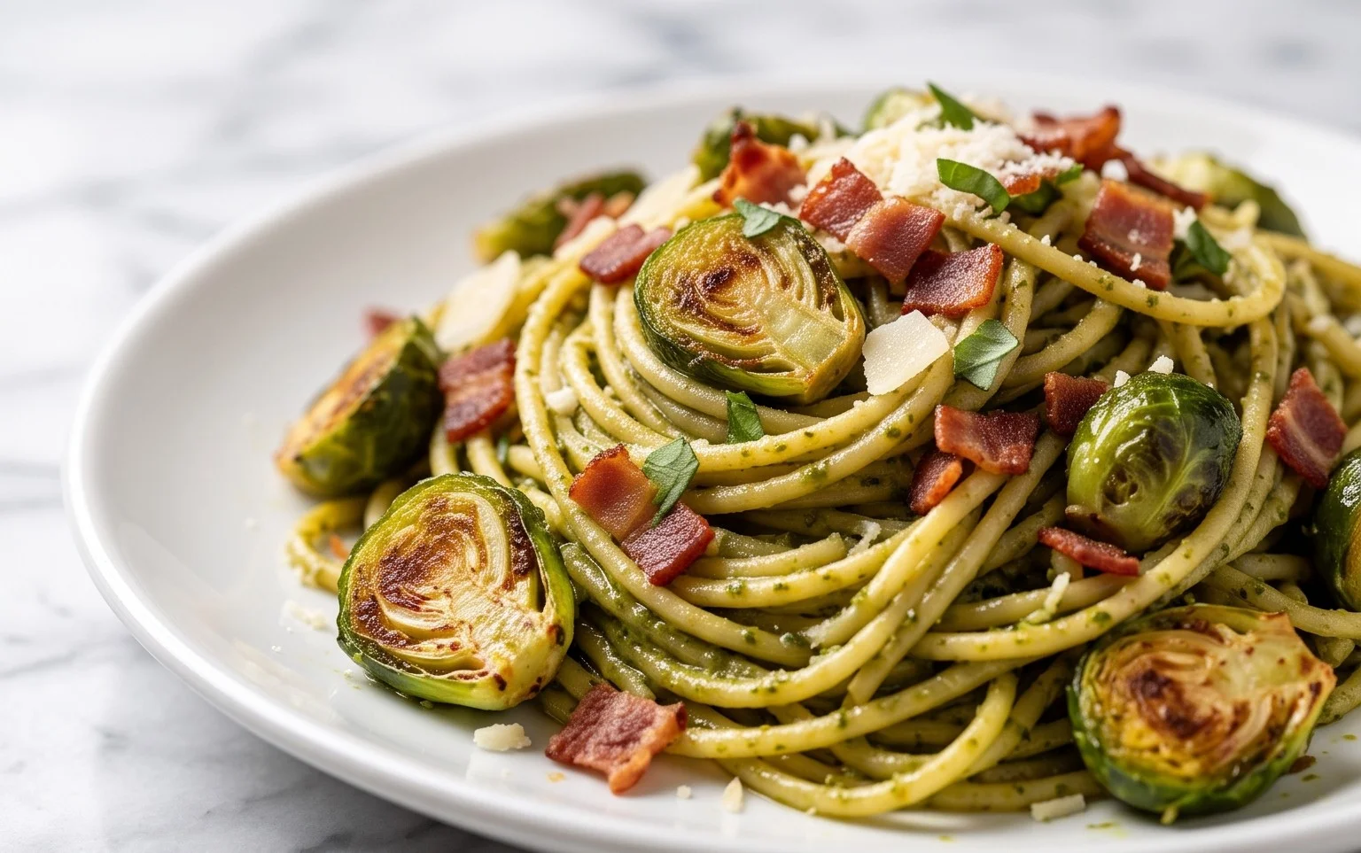 Brussels Sprouts and Beef Bacon Pesto Pasta