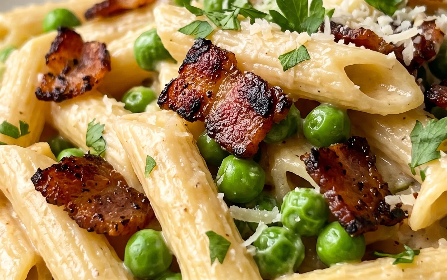 Penne Pasta, Peas and Beef Bacon