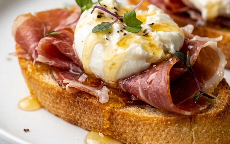 Beef Prosciutto Crostini with Burrata and Lemon Honey Drizzle